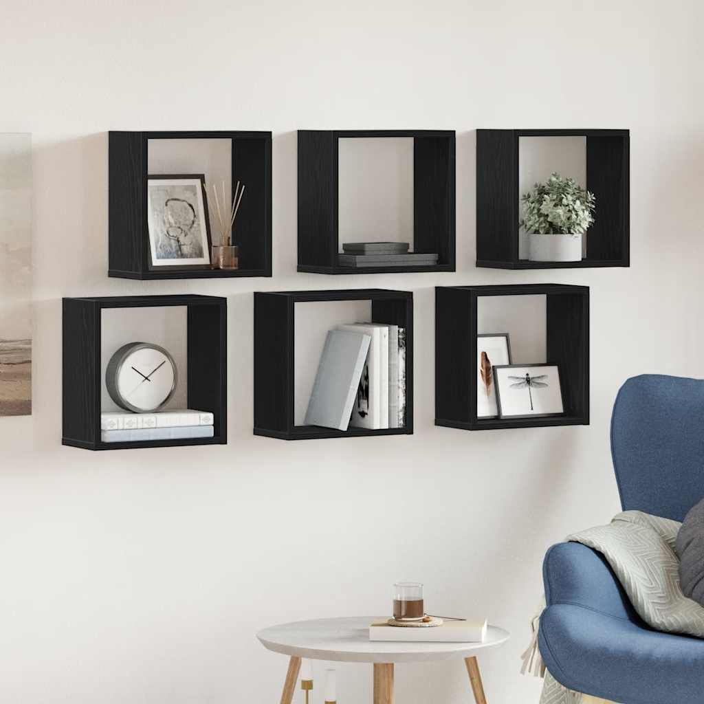 væghylder 6 stk. 30x15x30 cm kubeformet konstrueret træ sort eg