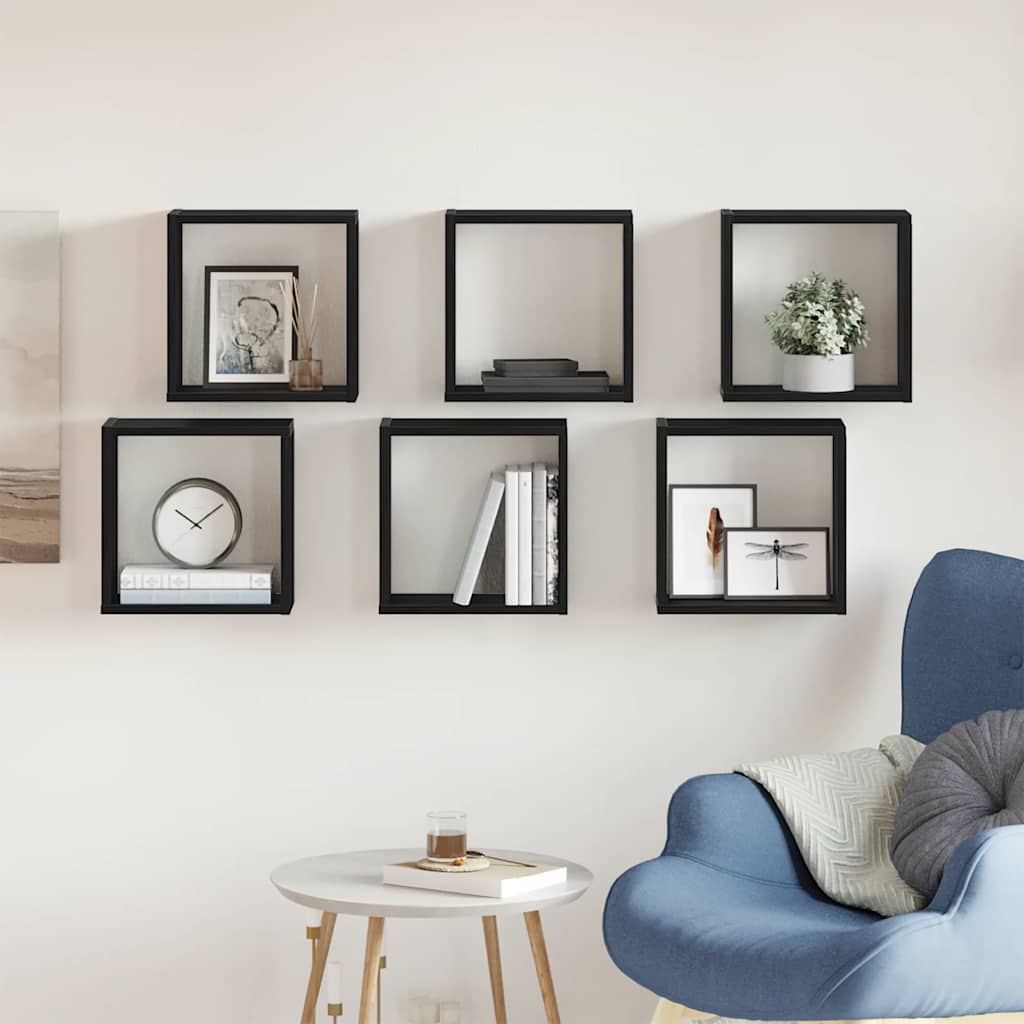 væghylder 6 stk. 30x15x30 cm kubeformet konstrueret træ sort eg