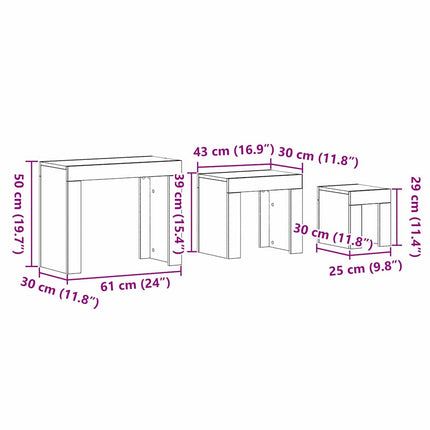 Indskudsborde 3 stk. Sort eg 61 x 30 x 50 cm Konstrueret træ
