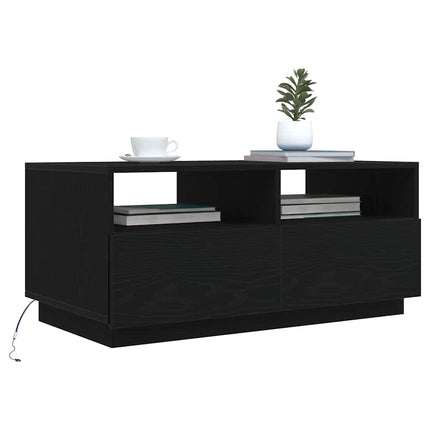 sofabord med LED-lys 90x49x40 cm sort egetræsfarve