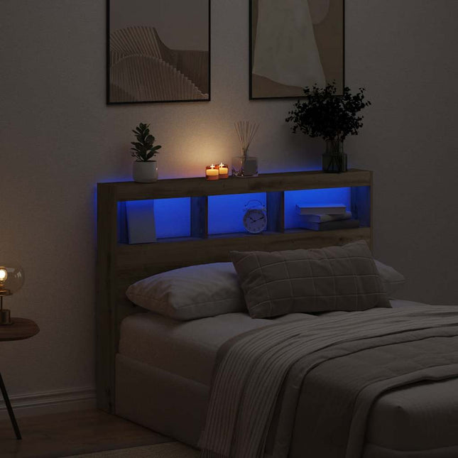 sengegavl med opbevaring og LED-lys 140x17x102 cm kunsteg