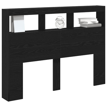 sengegavl med opbevaring og LED-lys 140x17x102 cm sort eg