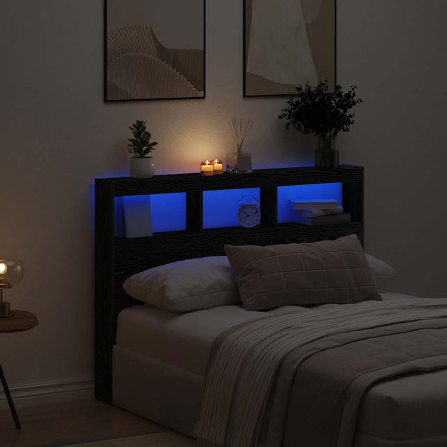 sengegavl med opbevaring og LED-lys 140x17x102 cm sort eg