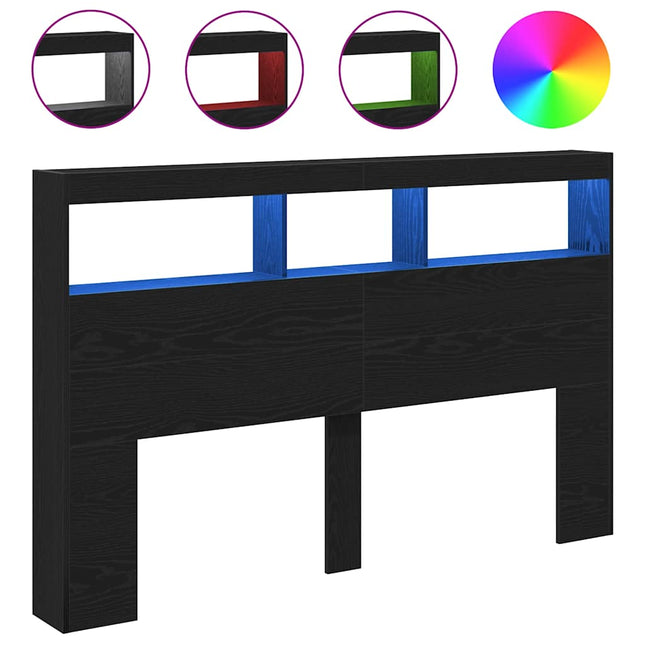 sengegavl med opbevaring og LED-lys 160x17x102 cm sort eg