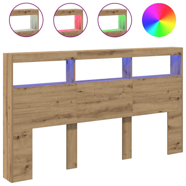 sengegavl med opbevaring og LED-lys 180x17x102 cm kunsteg