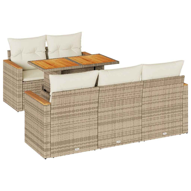 sofasæt til haven 6 dele med hynder polyrattan akacietræ beige