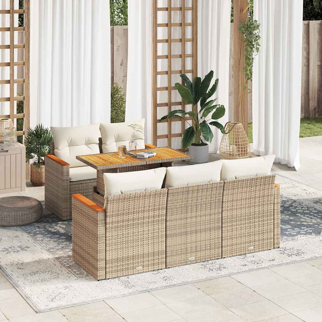 sofasæt til haven 6 dele med hynder polyrattan akacietræ beige