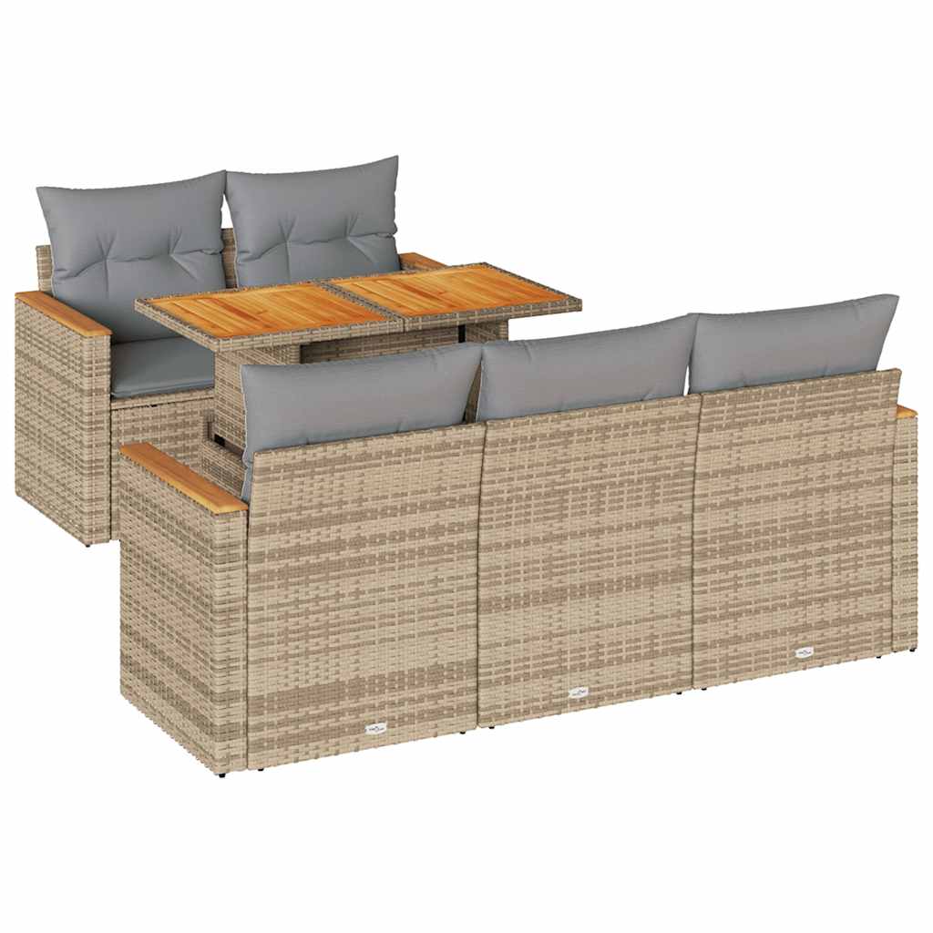 sofasæt til haven 6 dele med hynder polyrattan akacietræ beige