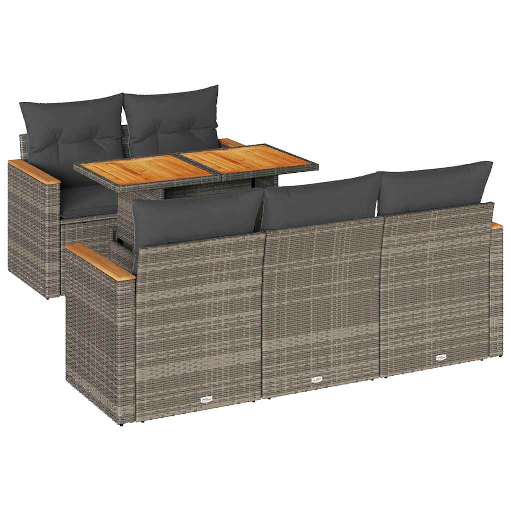 sofasæt til haven 6 dele med hynder polyrattan akacietræ grå