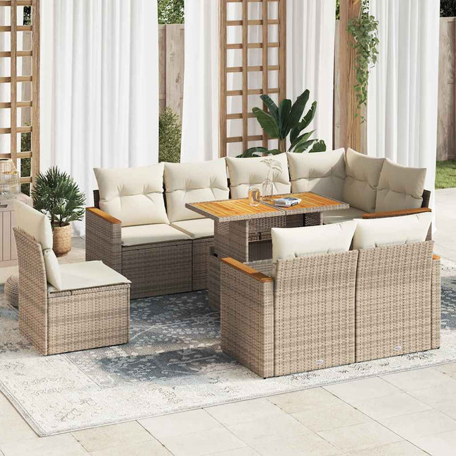 sofasæt til haven 9 dele med hynder polyrattan akacietræ beige