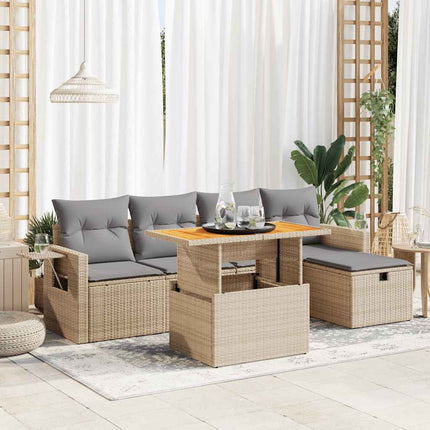 sofasæt til haven 6 dele med hynder polyrattan akacietræ beige