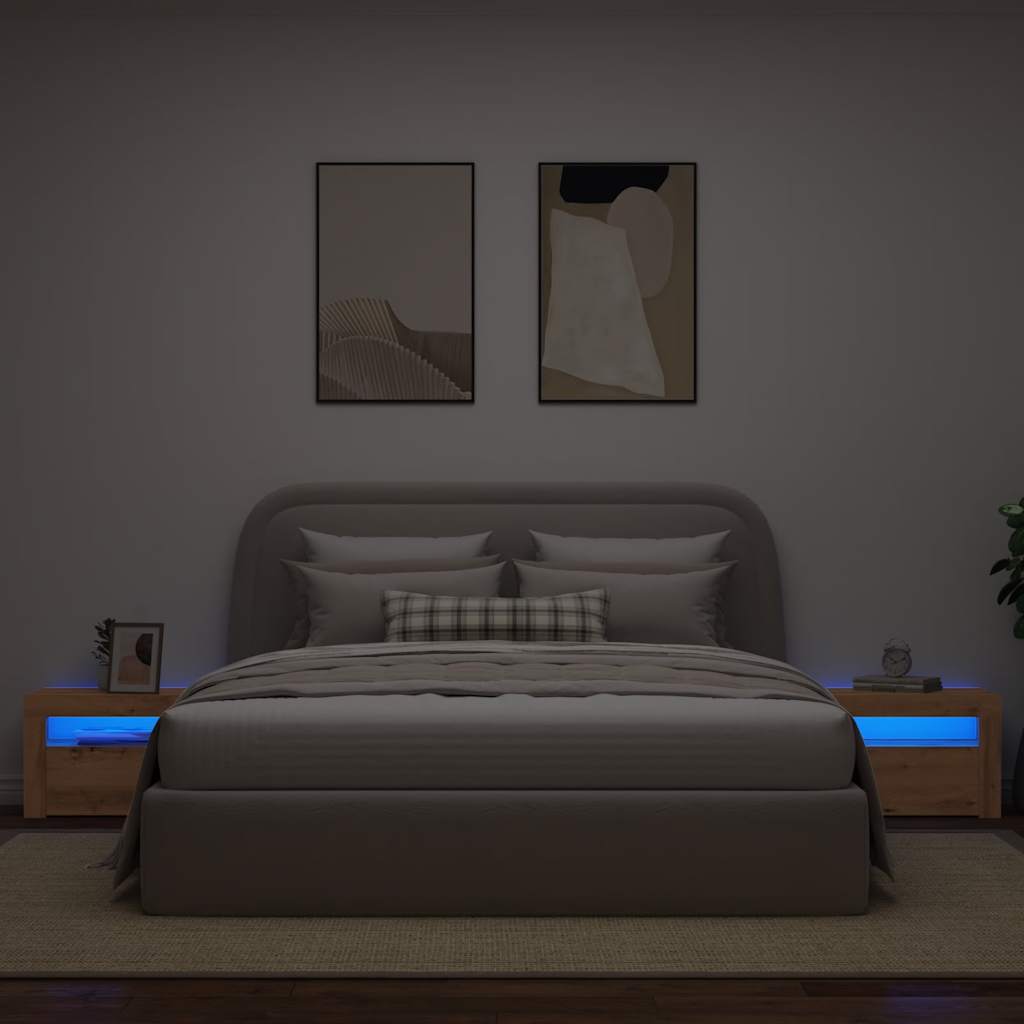 sengeborde med LED-lys 2 stk. 60x35x40 cm egetræsfarve