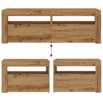 sengeborde med LED-lys 2 stk. 60x35x40 cm egetræsfarve