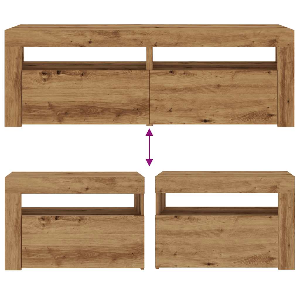 sengeborde med LED-lys 2 stk. 60x35x40 cm egetræsfarve
