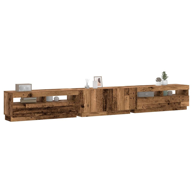 tv-bord m. LED-lys 300x35x40 cm konstrueret træ antikt træ
