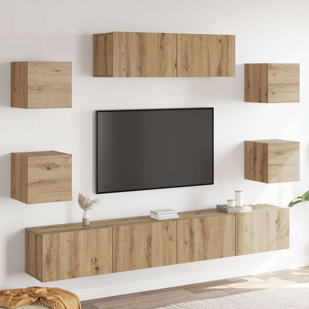 7-delt TV-skabssæt Vægmonteret Håndværks eg egetræsfarve billede