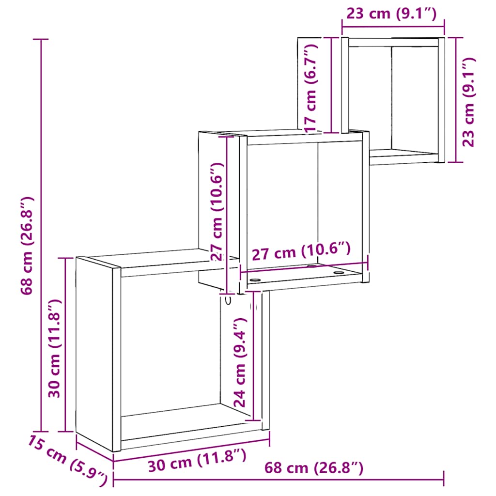 væghylder 68x15x68 cm kubeformet konstrueret træ sort egetræ