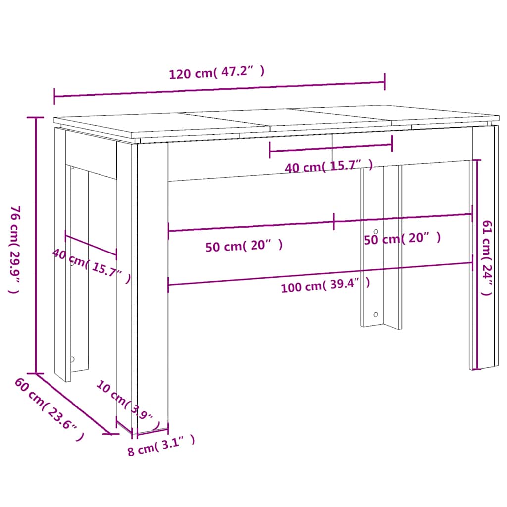 spisebord sort egetræ 120x60x76 cm konstrueret træ