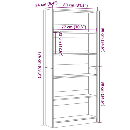 bogreol 80x24x176 cm konstrueret træ sort egetræsfarve