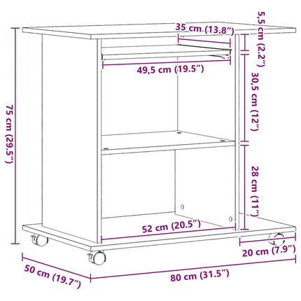 computerbord sort egetræ 80x50x75 cm konstrueret træ