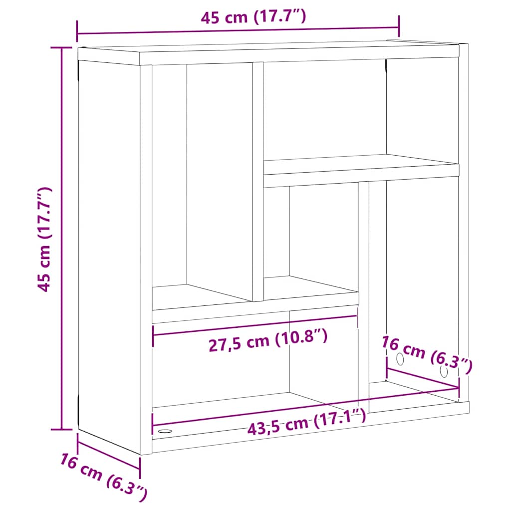 væghylde 45x16x45 cm konstrueret træ sort egetræsfarve