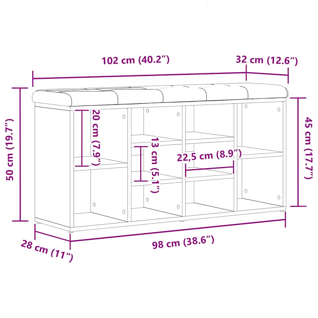 Sko bænk med hylde Sort eg 102 x 32 x 50 cm Konstrueret træ