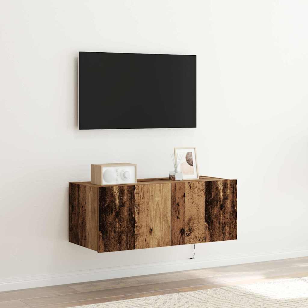 TV vægskab med LED Gammelt træ 80 x 35 x 31 cm Konstrueret træ