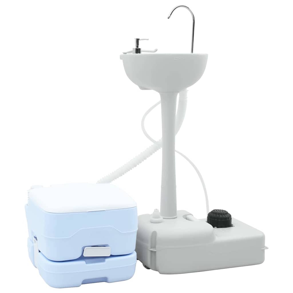 Camping toilet sæt - bærbart toilet og håndvask, blå/hvid, høj-densitet polyethylen