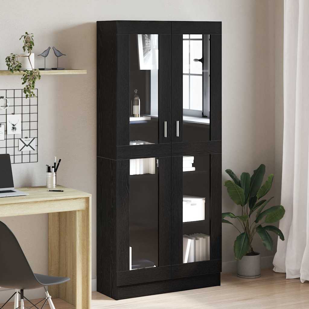 Bogskab i sort eg - konstrueret træ, 82,5 × 30,5 × 185 cm med glasdøre