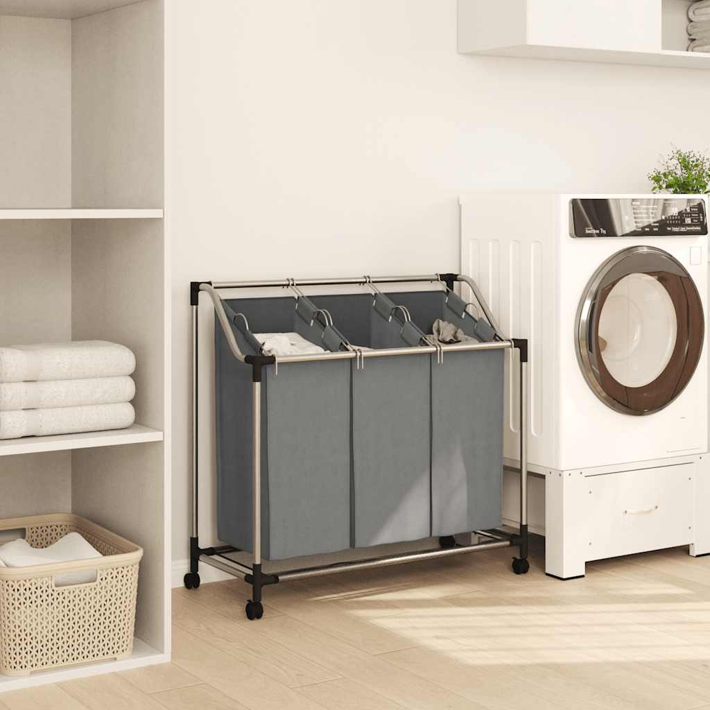 vasketøjskurv med hjul 3 rum grå