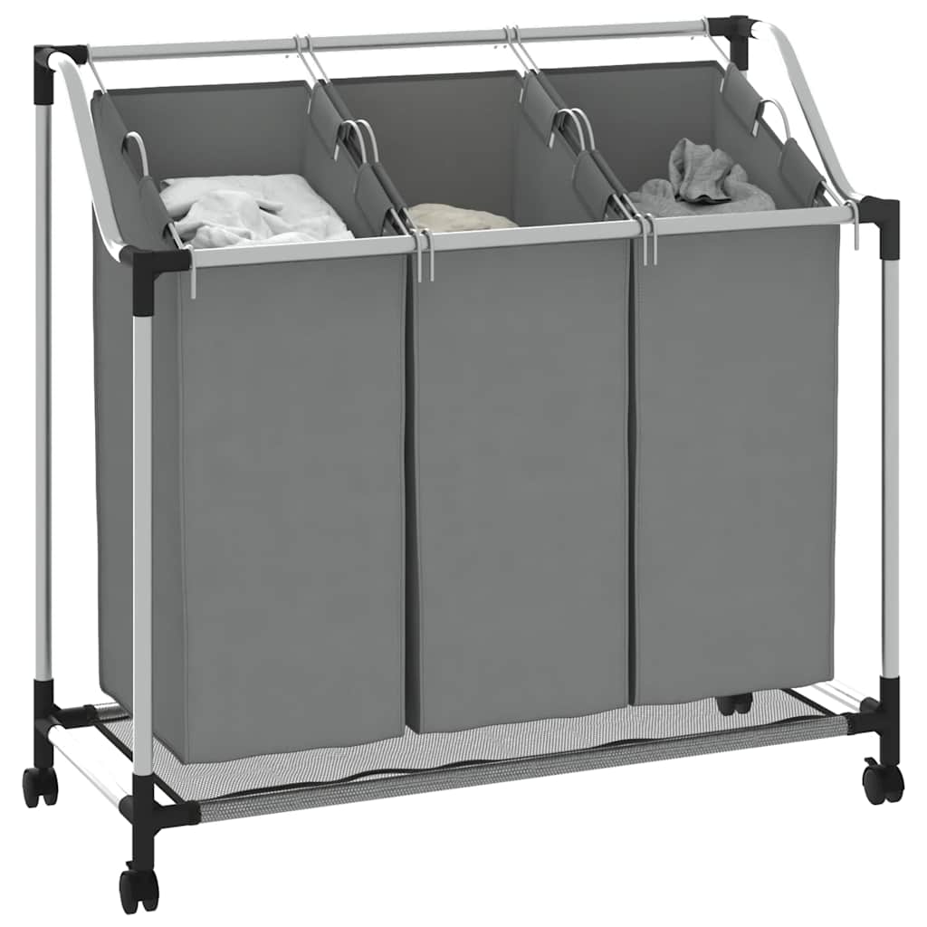 vasketøjskurv med hjul 3 rum grå