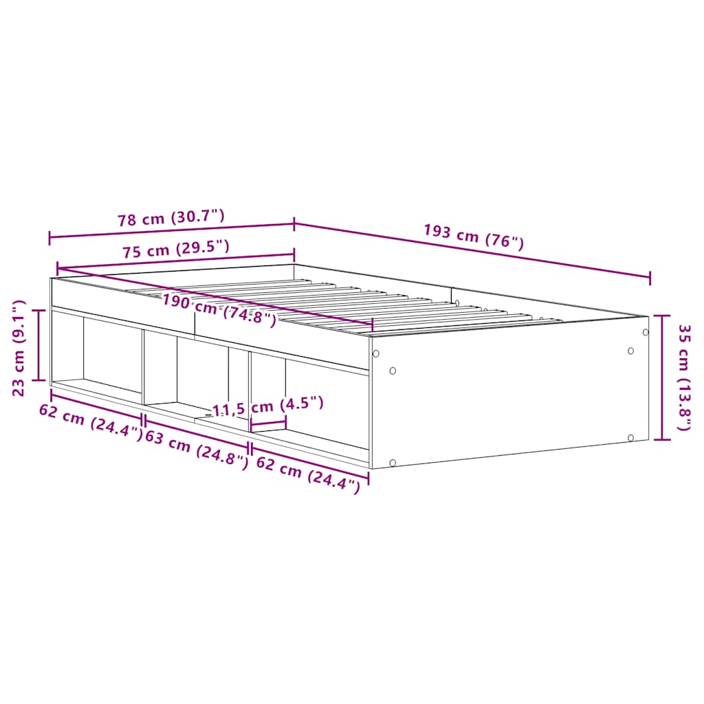 sengeramme uden madras 75x190 cm konstrueret træ antikt træ