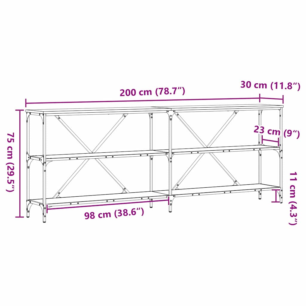 Konsolbord med hylde Sort eg 200 x 30 x 75 cm Konstrueret træ