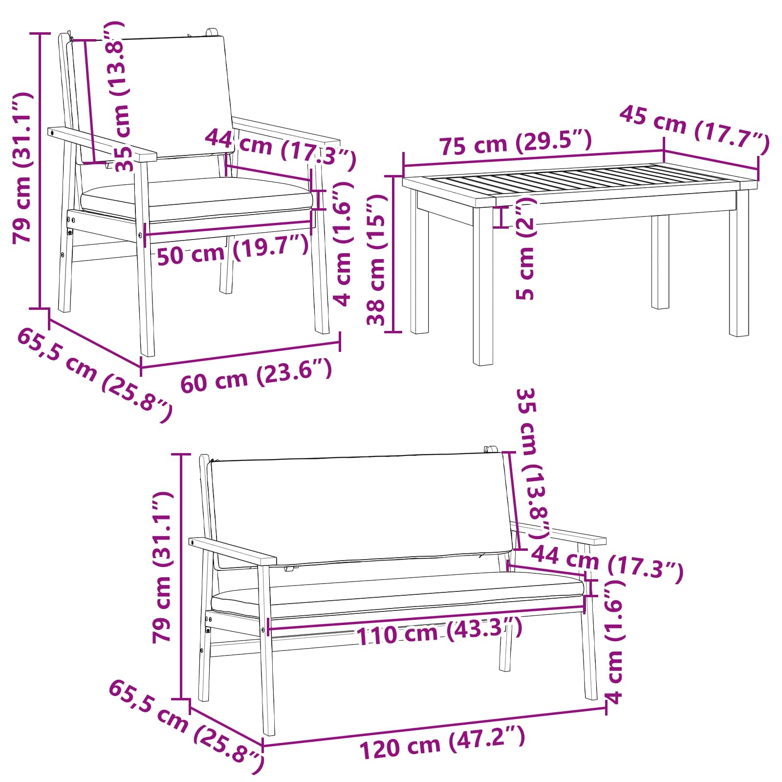 Havesofa Sæt 4 pcs Brun 120 x 65,5 x 79 cm Massivt Akacietræ