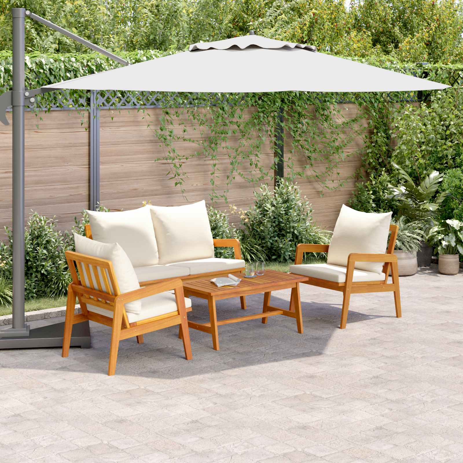 Bistrosæt med pude 4 pcs Brun og Creme Massivt Akacietræ