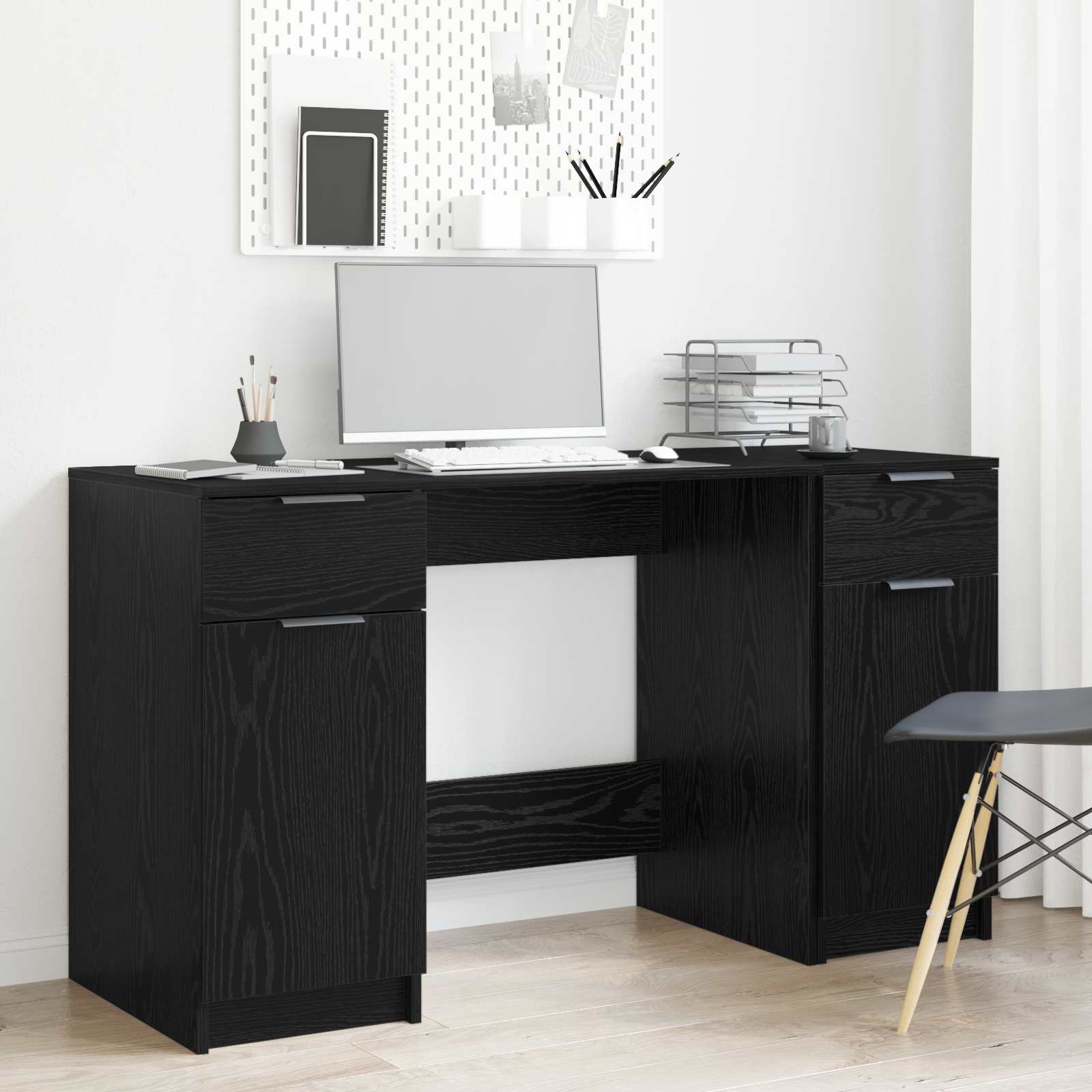 Skrivebord med skuffe og 2 døre - sort eg, 133 × 50 × 75 cm, konstrueret træ