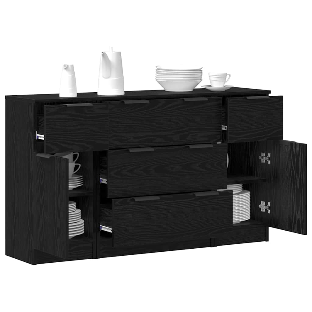Sideboard med skuffe 3 pcs Sort eg Konstrueret træ