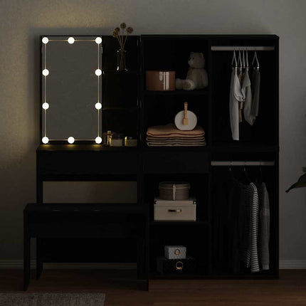 Makeupbord sæt med LED med skuffe 4 pcs Sort eg Konstrueret træ
