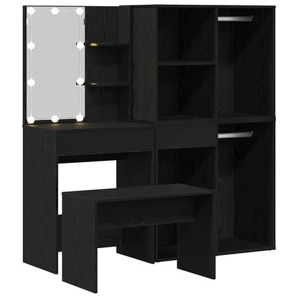 Makeupbord sæt med LED med skuffe 4 pcs Sort eg Konstrueret træ