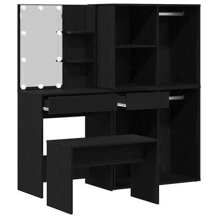 Makeupbord sæt med LED med skuffe 4 pcs Sort eg Konstrueret træ