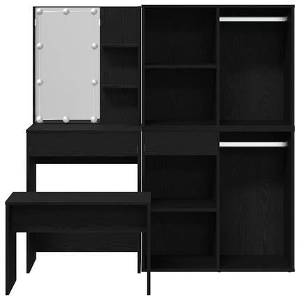 Makeupbord sæt med LED med skuffe 4 pcs Sort eg Konstrueret træ