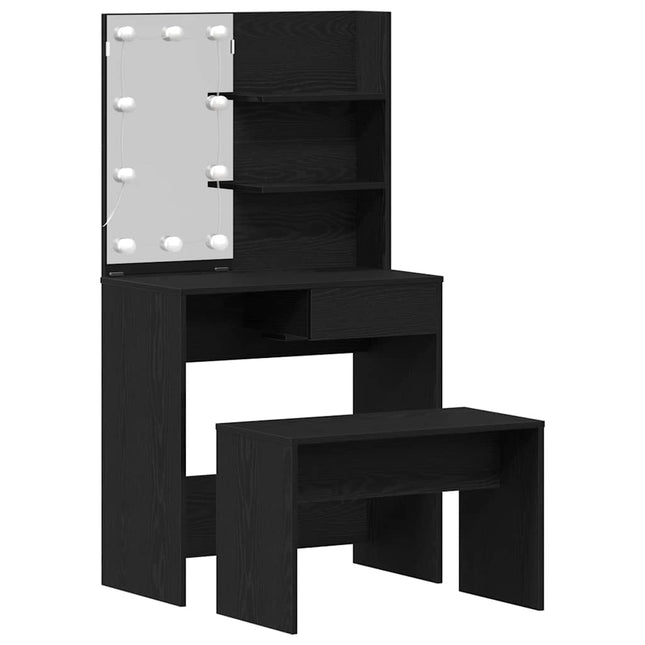 LED Smykkebord Set med spejllys 2 pcs Sort eg Konstrueret træ