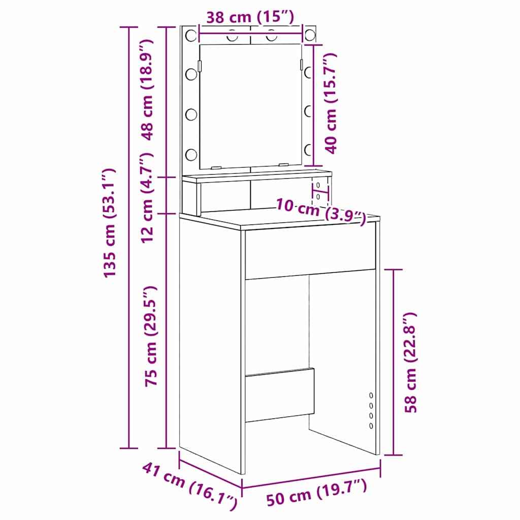 Klædeskab med spejllys Brun eg 50 x 41 x 135 cm Konstrueret træ
