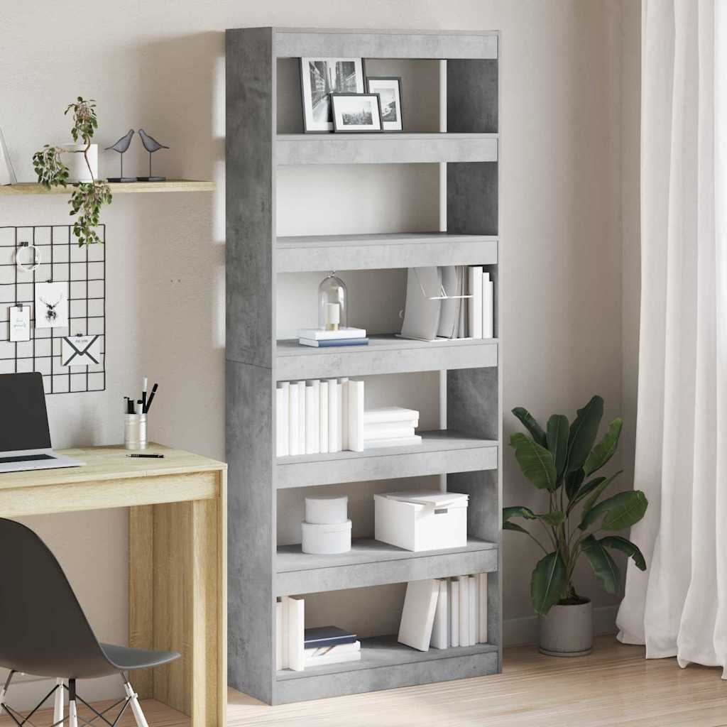Bogskab med 6 hylder - beton grå, 80 × 30 × 198 cm, konstrueret træ