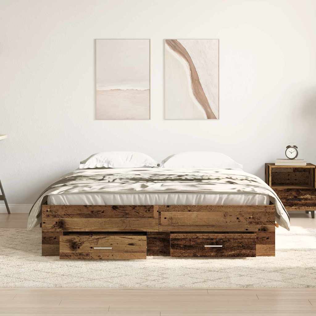 Sengestel med skuffe Gammelt træ 135 x 190 cm Konstrueret træ
