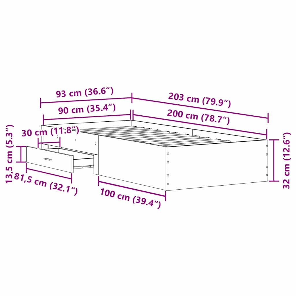 Sengestel med skuffe Gammelt træ 90 x 200 cm Konstrueret træ