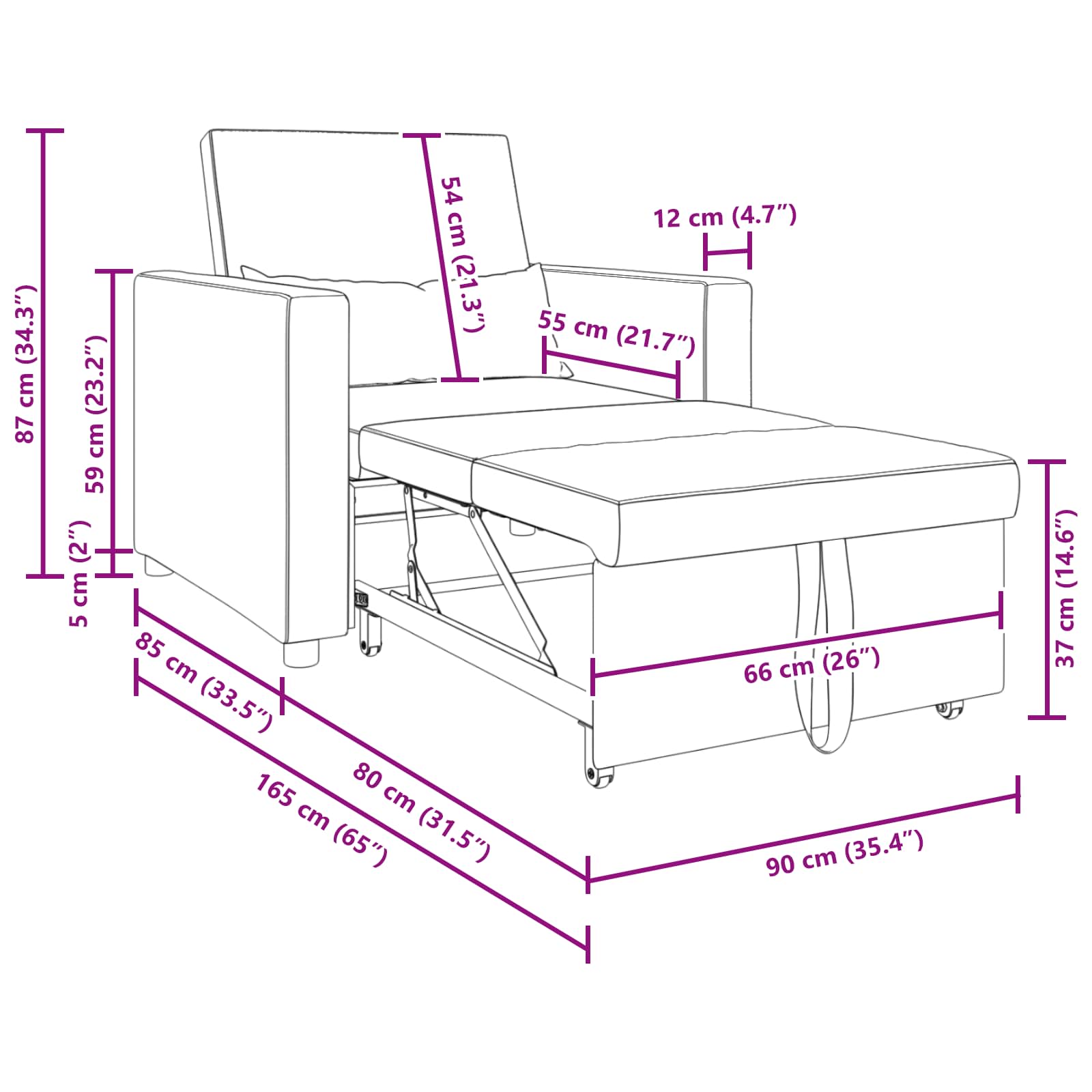 Utrækkelig sovesofa enkelt med hjul Creme 90 x 165 x 87 cm Stof