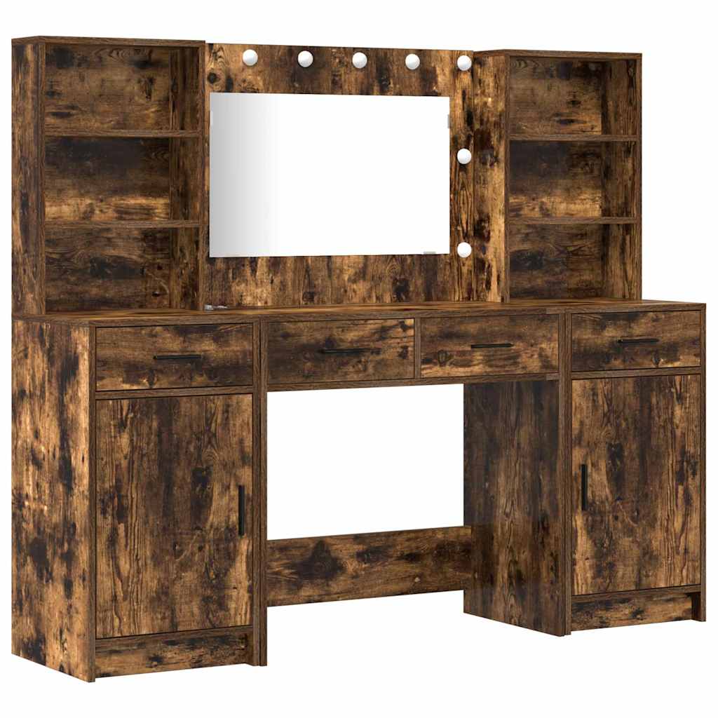 Makeupbord sæt med LED med hylde 3 pcs Røget eg Konstrueret træ