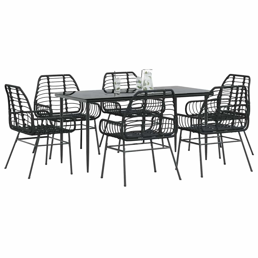 7 dele spisebordsst til haven polyrattan glas sort
