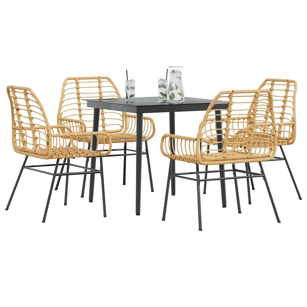 5-delt havespisesæt i brun polyrattan med glasbord - 4 stole + bord